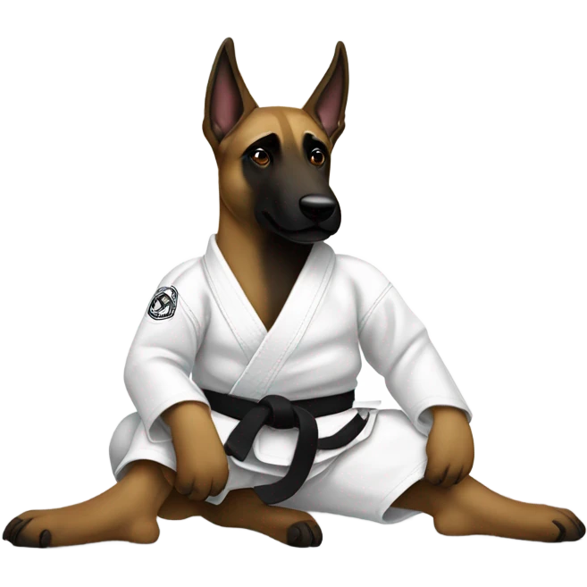 Belgian malinois wearing white jiujitsu gi with a black belt emoji