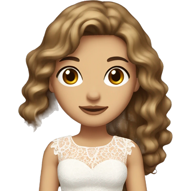 Adult woman with brown eyes, light tanned skin, long wavy dark brown hair, wearing a white lace dress emoji