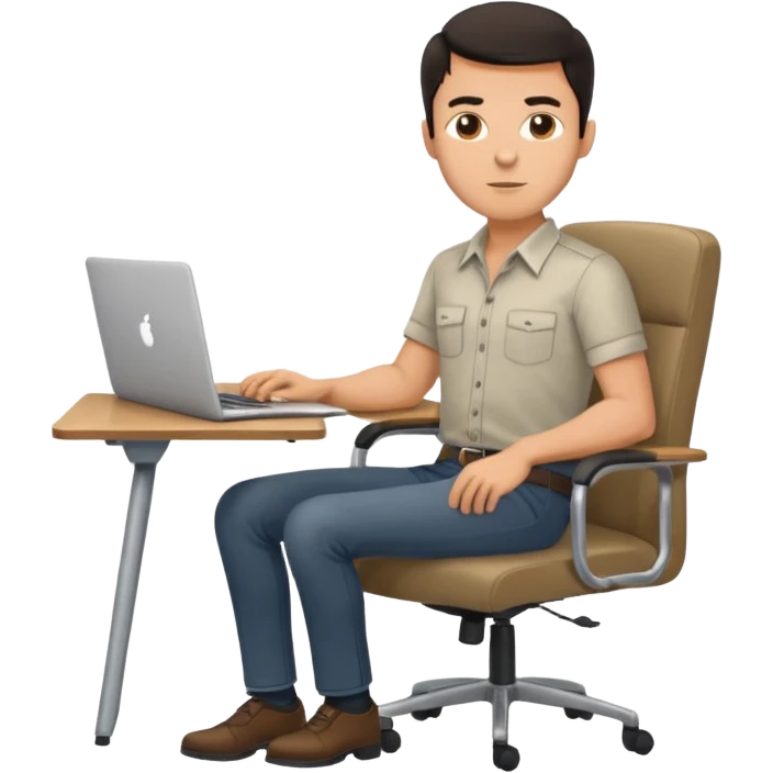 Rich man sitting on a chair, working at desk with laptop in office, in shirt, dark hair, he is german very beautiful looks like, full body view emoji
