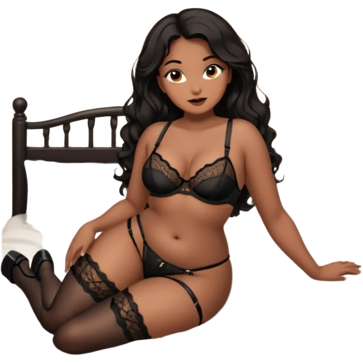 Curvy woman with brown skin with long wavy black hair, dark brown eyes. She's wearing a black lace lingerie, black lace thong, black stockings and suspender belt, she lays down on her back on a bed emoji