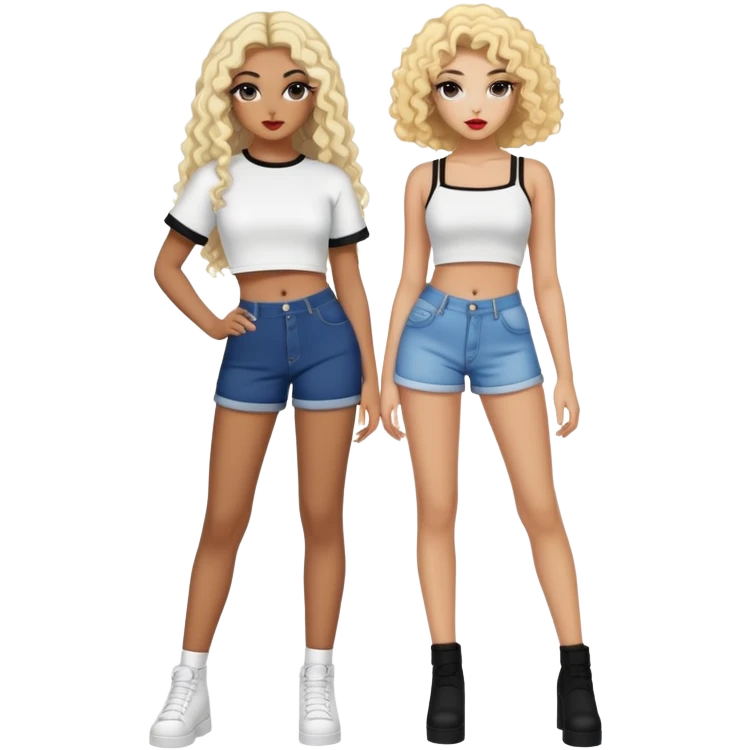 Full body of two teenage girls standing together, one white with straight blonde hair and one brown-skinned with curly black hair, both with heavy makeup, big lips, crop tops and choni style clothing emoji