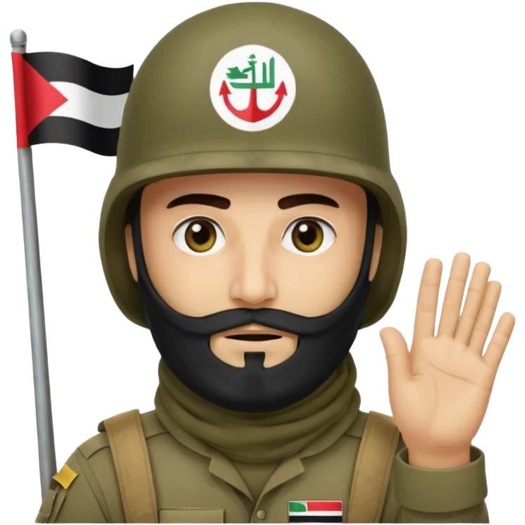 surrenders, depicts an Iraqi soldier from 1980, with a beard, in a helmet, a helmet with sign flag Iraq, with a balaclava, with sad eyes and both hands raised up emoji