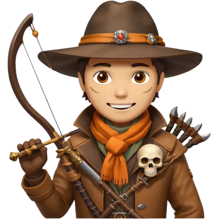 male human monster hunter emoji, wearing brown leather coat and wide hat, holding crossbow or rifle, with amulet shaped like skull, Halloween fantasy theme, confident smile, orange scarf, Apple emoji style, clean white background, square image emoji