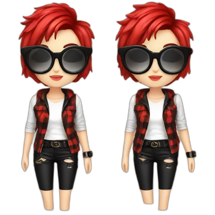 Punk female earrings glasses,red and black short hair, emoji