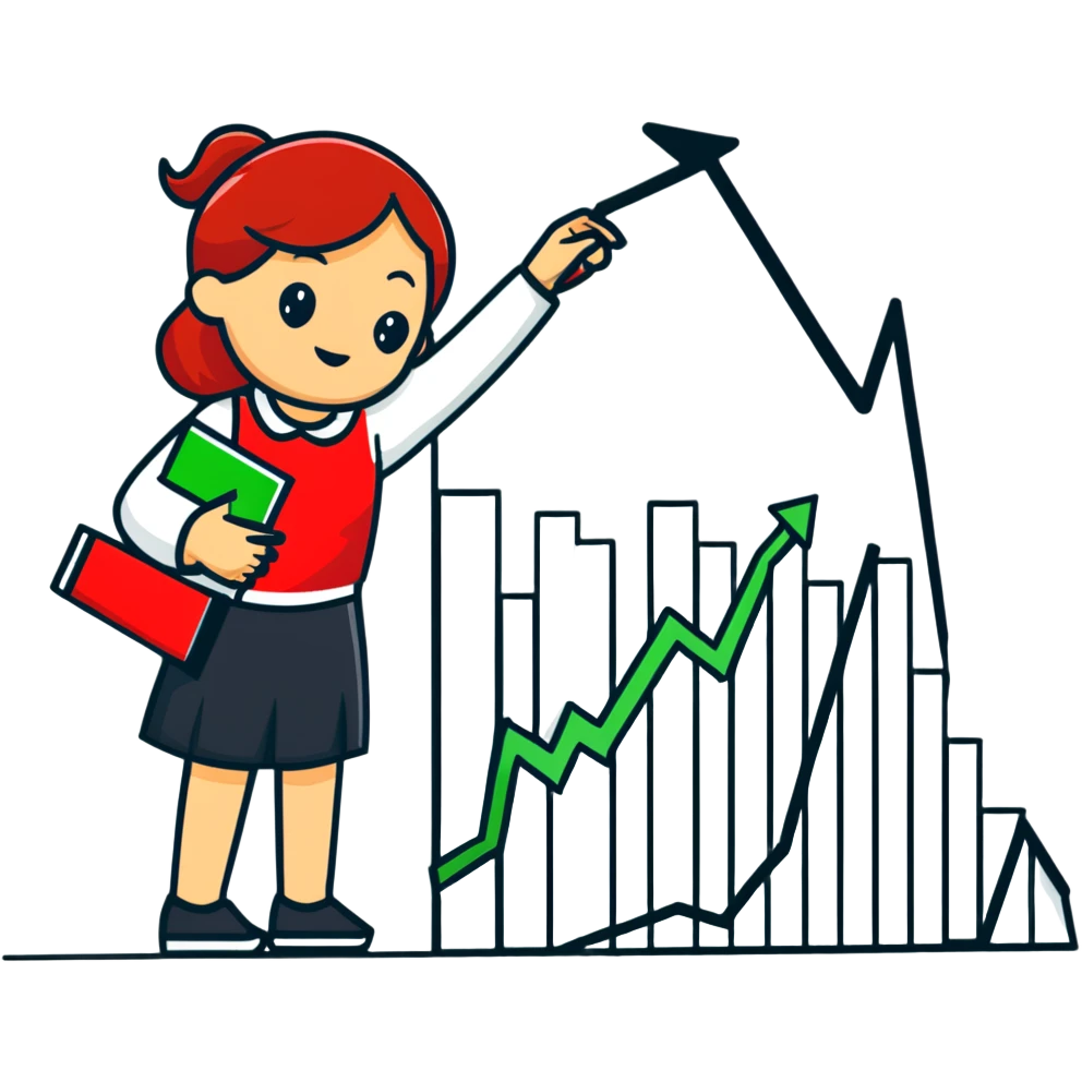 Girl holding chart with rising green graph line in right hand and holding another chart with falling red graph line in left hand emoji