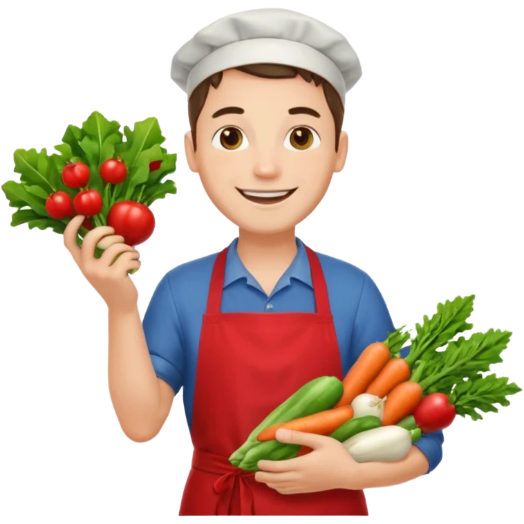 guy red apron smiling with vegetables emoji