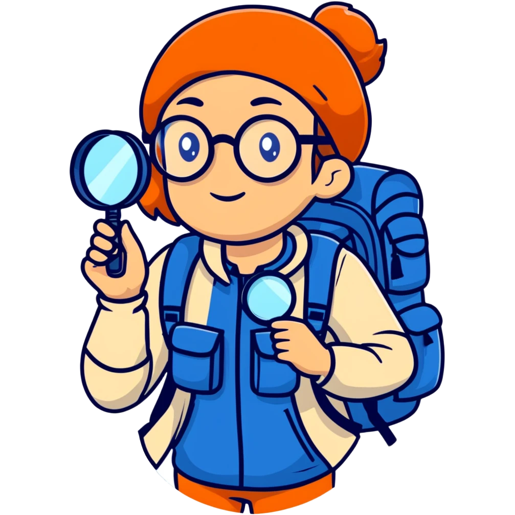 Colorful woman explorer in her 40s with glasses, dark blue and white hiking clothes, backpack, holding magnifying glass emoji