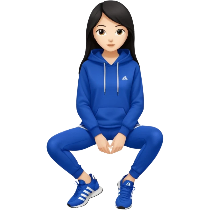 A pretty white/asian tanned girl with medium long strait dark brown almost black hair wearing a royal blue hoodie and leggings with adidas sambad emoji