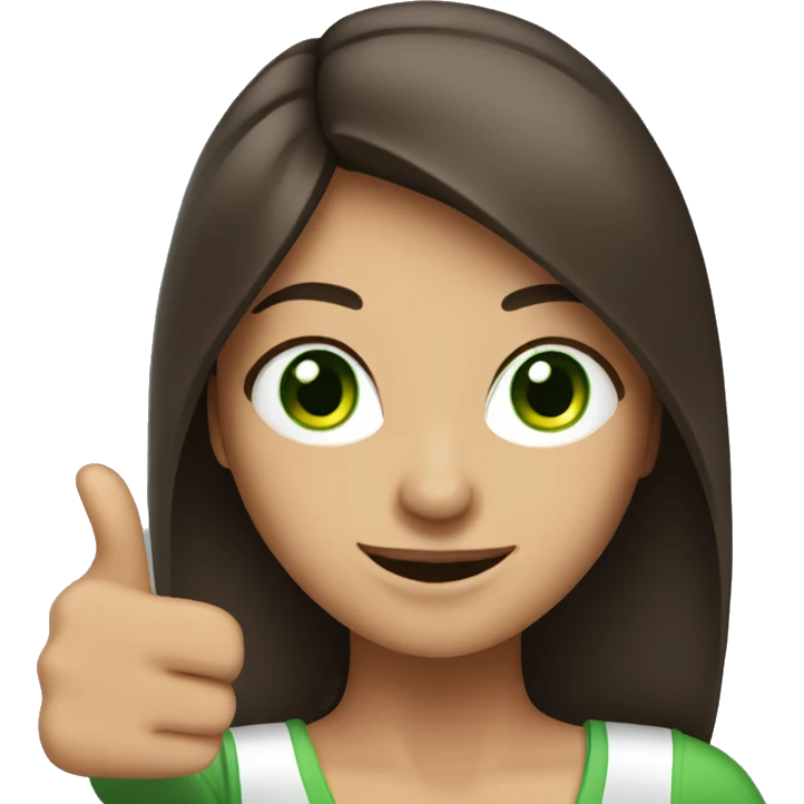 brunette woman with green eyes and thumbs up emoji