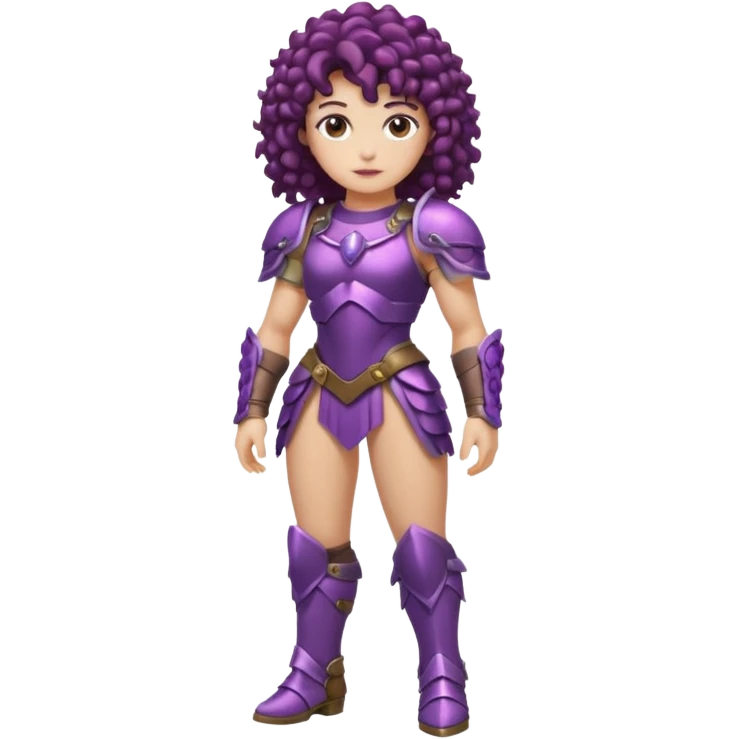 full body woman short curly brown mullet brown eyes white skin muscular build grape cluster armor outfit emoji