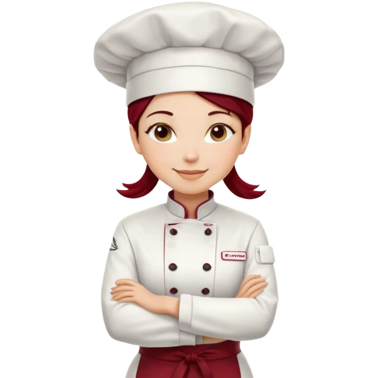 A confident female chef with fair skin, a warm smile, and a professional stance. She wears a white double-breasted chef’s jacket, a tall white hat, and a dark red apron. Her arms are crossed, exuding expertise and leadership emoji