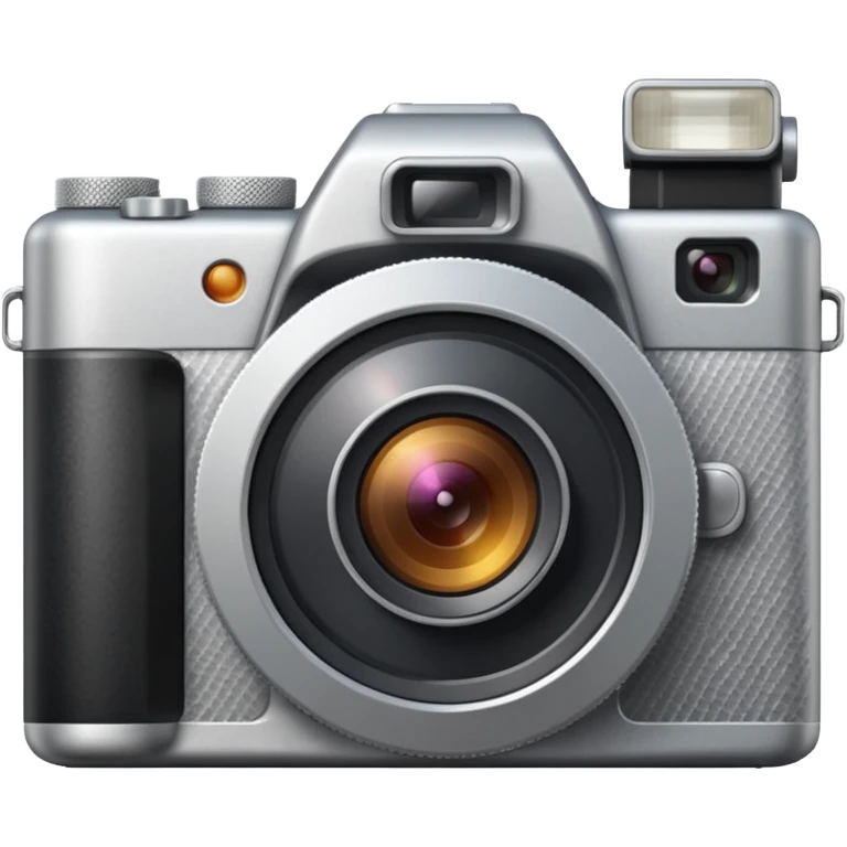Minimal emoji icon of a modern metalic camera, front view, simple shapes, realistic lens,  emoji
