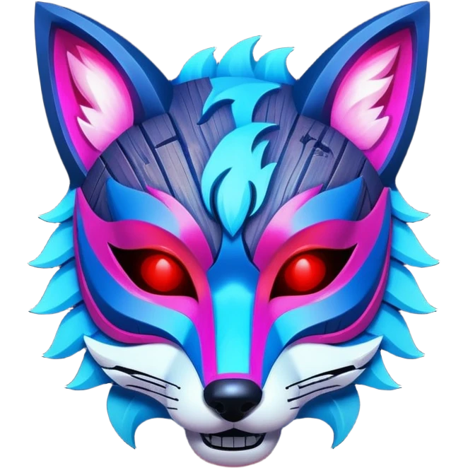 Ancient wooden mask, broken in half, luminous and neon with red, blue, and pink fox-like glow. Fragments of the mask scattered around. emoji
