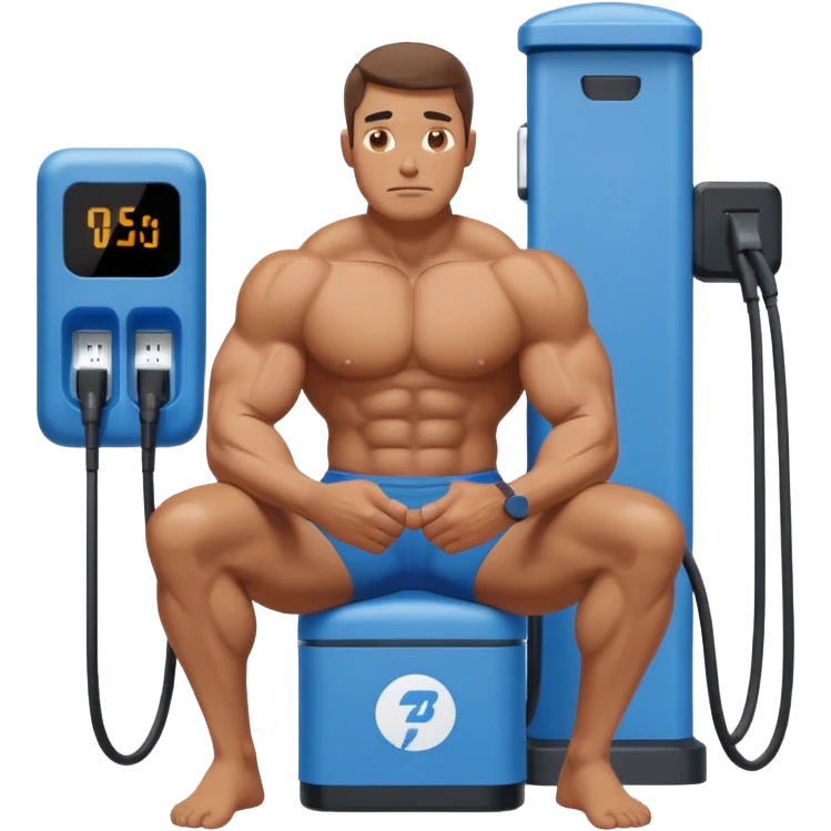 A naked man with bulging muscles sits in a thoughtful pose at a Bluetti charging station. emoji