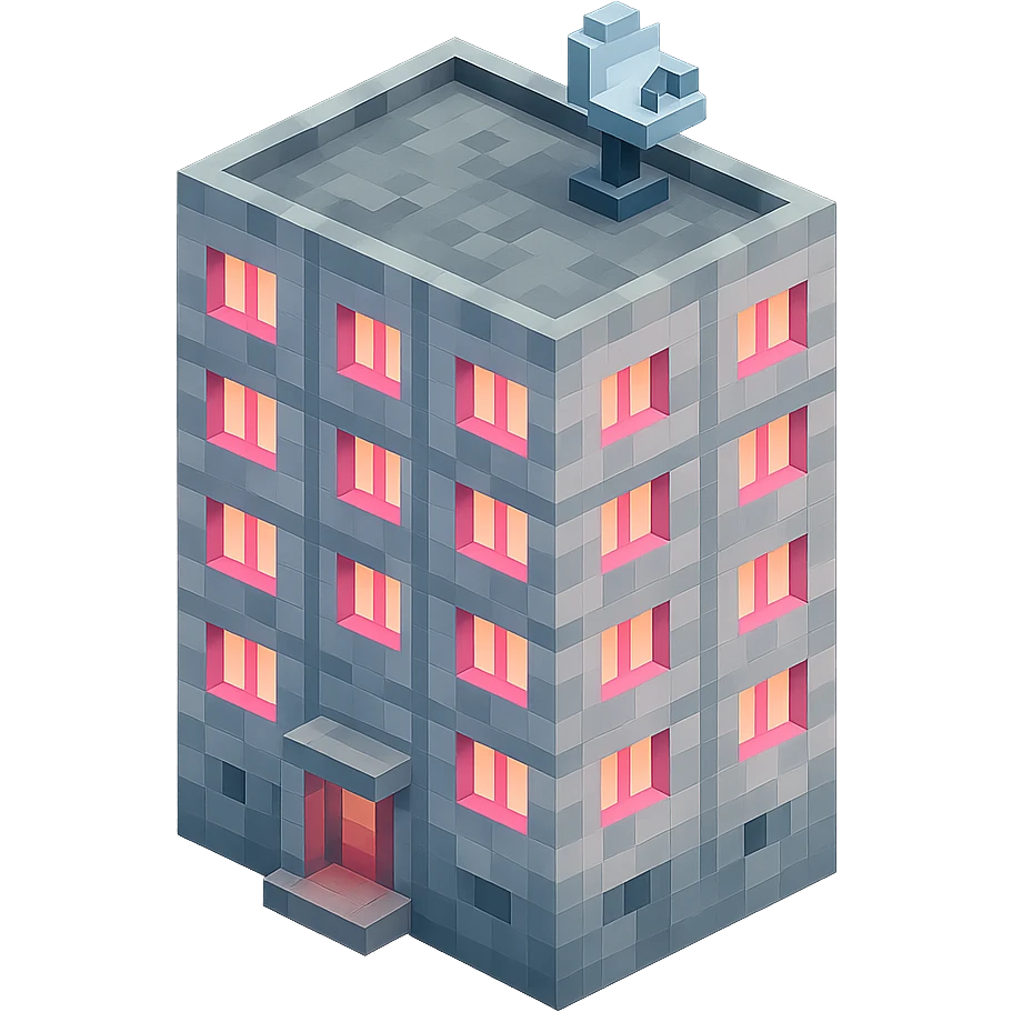 Russian panel apartment building, square block, light gray, pink glowing windows, visible entrance, satellite TV dish on the roof, isometric view emoji