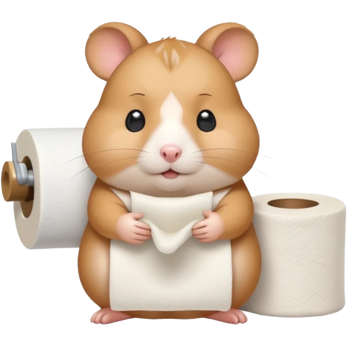 Cute chubby cartoon-style hamster holding toilet paper sitting on toilet looking as if he had an accident, sticker-style illustration emoji