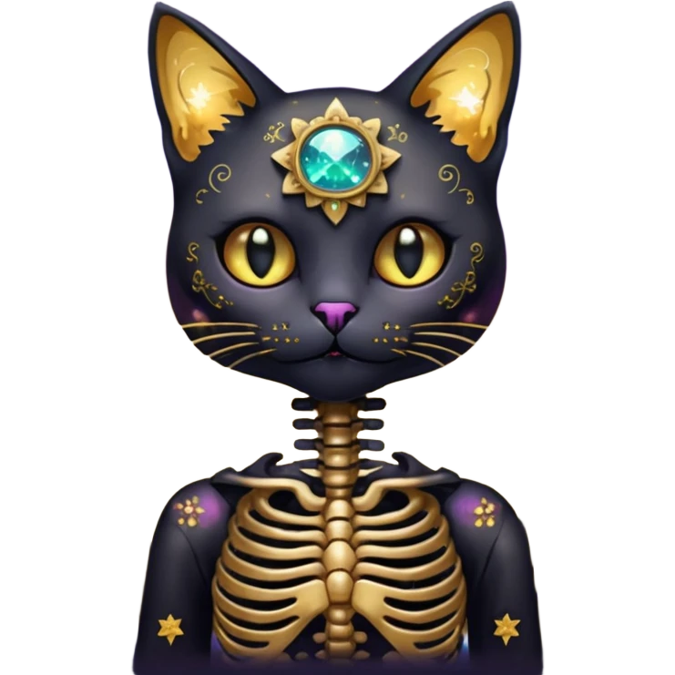 Black iridescent cat zombie skeleton gold mechanical nebula galaxy stars flowers fairy lights vintage emoji
