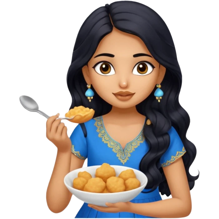 a pretty tan indian bratz girl with wavy long BLACK hair. eyeliner on, wearing a blue kurti, eating golgappa (without spoon) emoji