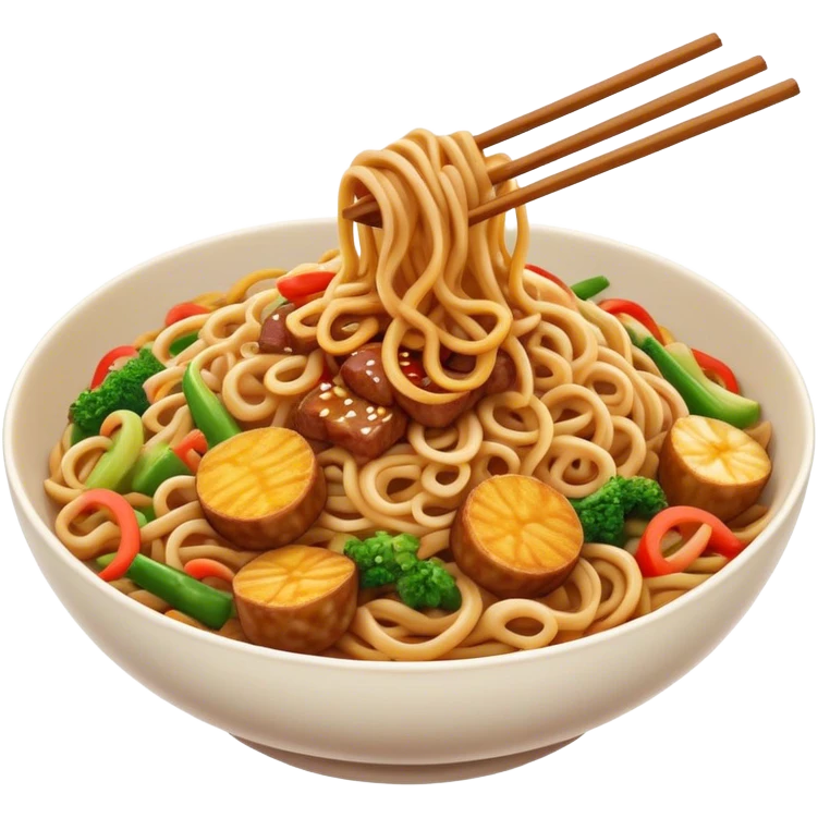 Cinematic Realistic Mie Goreng Dish Emoji, featuring stir‚Äêfried noodles with vegetables and meat rendered with dynamic textures and warm, appetizing lighting. emoji