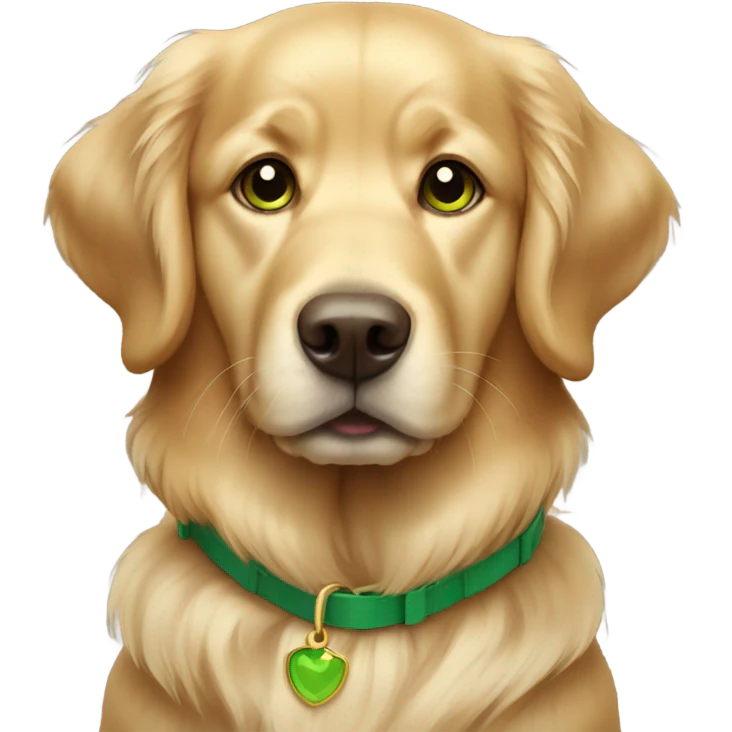 Golden retriever with a green collar and brown eyes emoji
