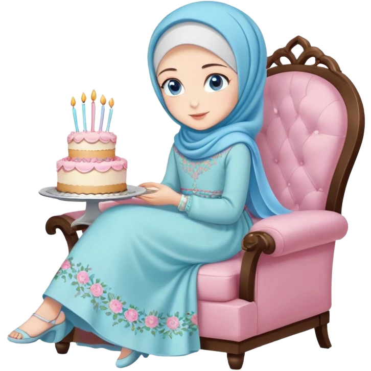 Turkish beautiful finish Konya girl blue eyes with pastel hijab long tail dress and sits on the chair and holds floral cake with her hand  emoji