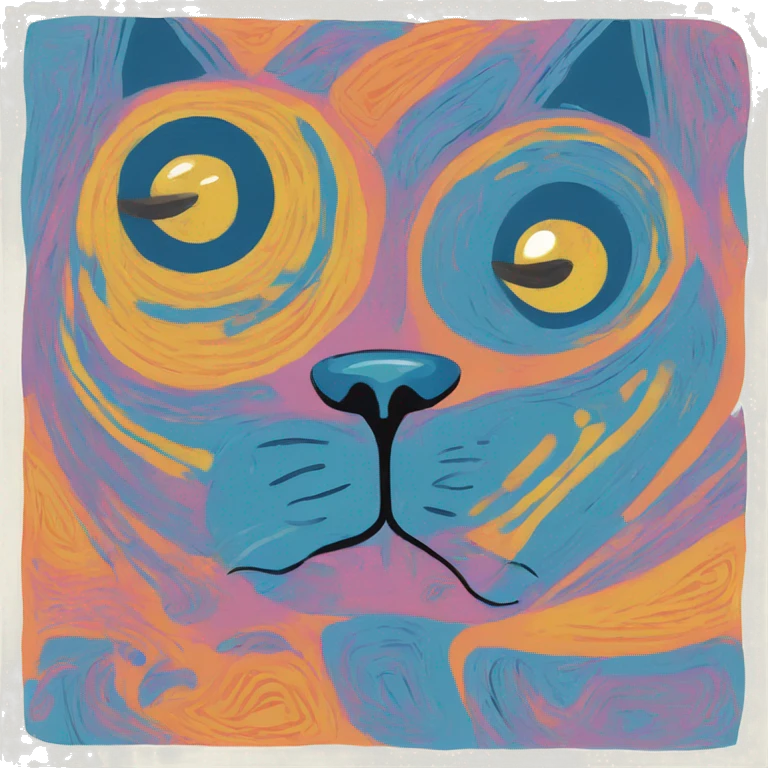 Abstract quirky funky cat made of different shapes and squiggles linocut multicoloured illustrations  emoji