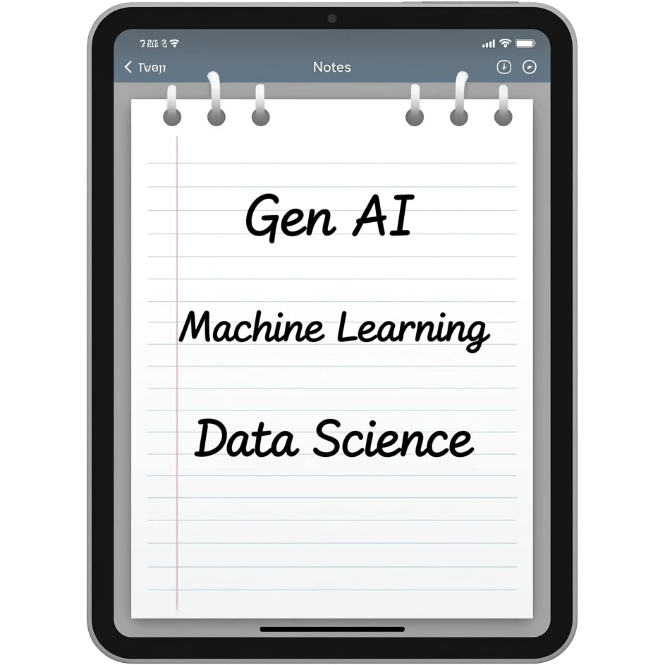 new ipad with cute notes app open and Gen AI, Machine Learning, Data Science written on it emoji