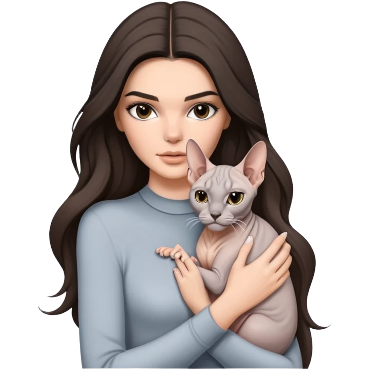 brunette Kendall Jenner with long hair holding on the hands grey white Sphynx emoji