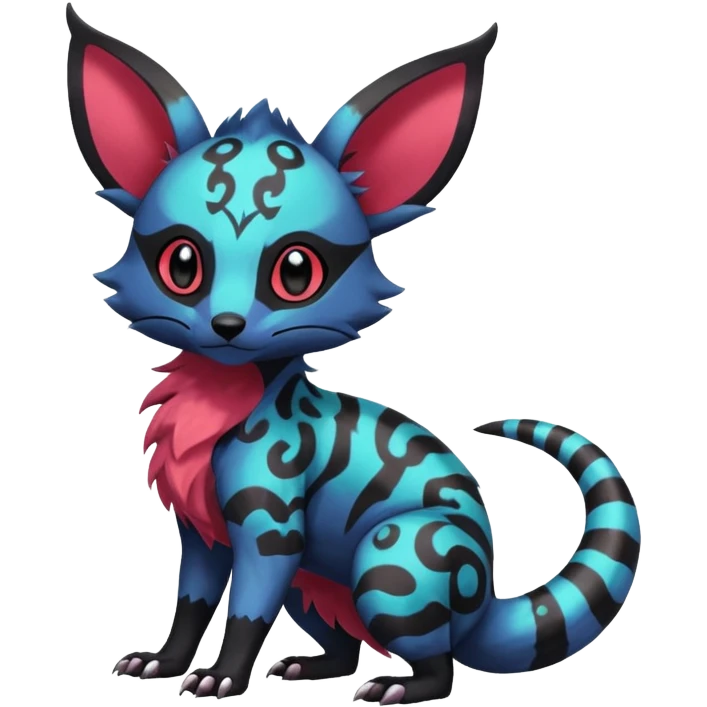 Rare exotic cute epic aesthetic gothic colorful Salandit-Eevee-Civet-species-Fakemon-hybrid-creature, with markings, full body emoji