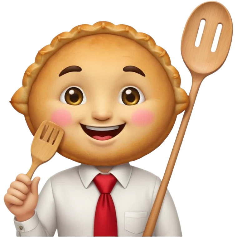 emoji style, happy fried empanada with face, big sparkling eyes, blushing cheeks, two buck teeth, red necktie, holding spatula, thick black outline, golden brown color, very cute and wholesome, transparent backgroun emoji