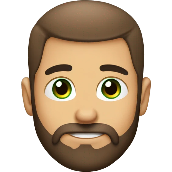 brow hair shaved on side, brown beard long, green eyes, sip coffee cup emoji