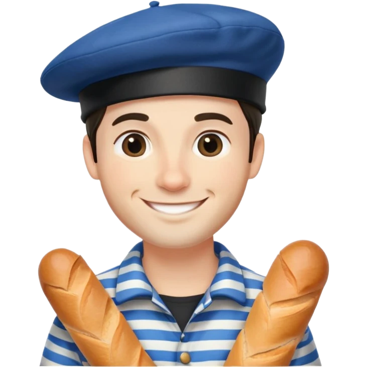 French man with blue and white striped shirt, black beret, holding a baguette, smiling emoji