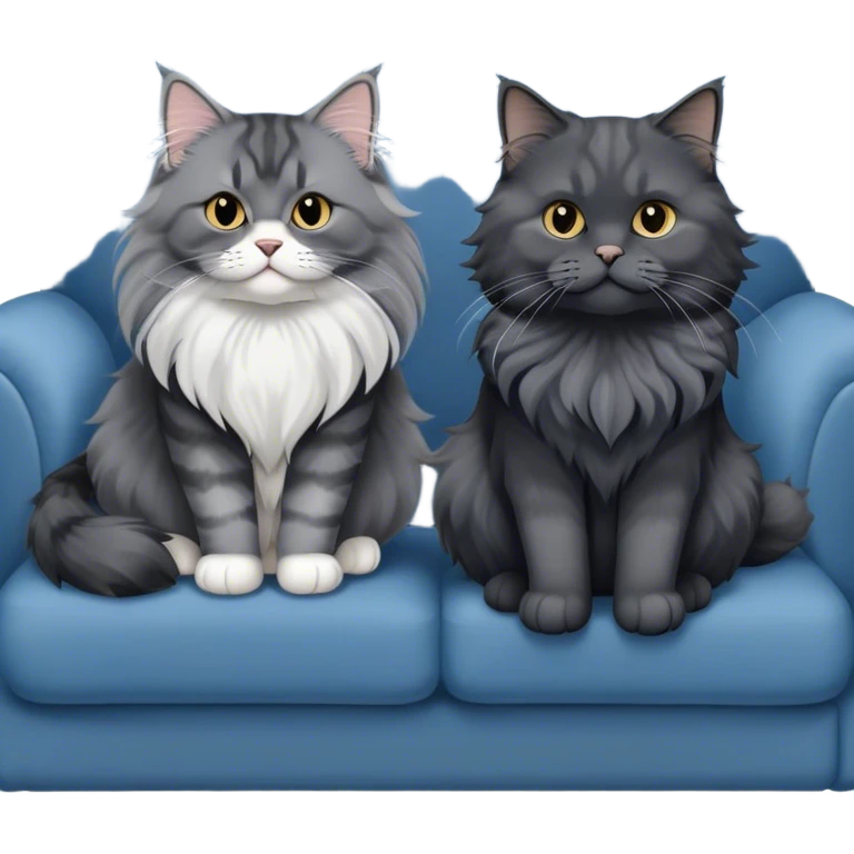 A large black smoke Maine Coon cat with long grey ear tufts and a fluffy grey ruff, sitting next to a chubby British Shorthair cat in blue color with plush fur, both sitting comfortably on a sofa. Beautiful room background with flowers and soft lighting. Transparent background. emoji