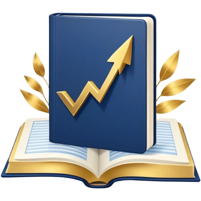 A navy blue productivity book with gold details, chart with upward trend aura, radiating productivity, strategy, and success in motion- emoji