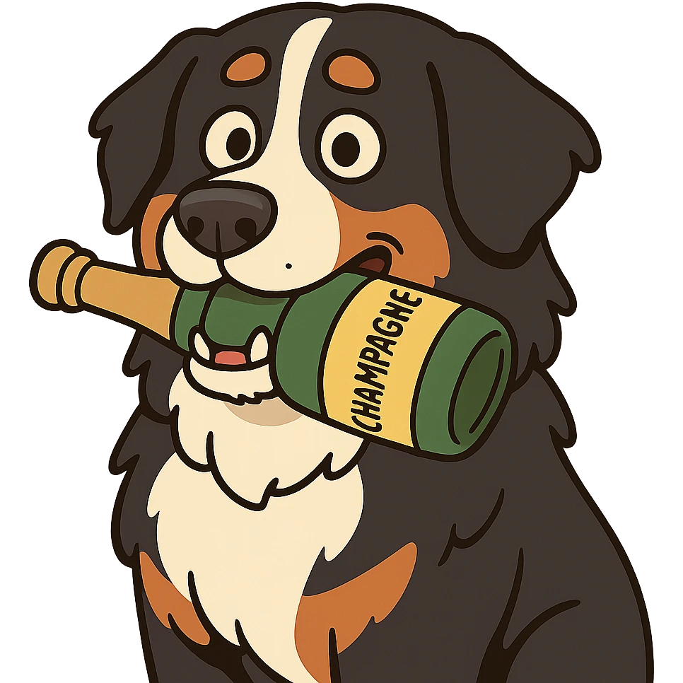 bernese mountain dog with a toy champagne bottle in its mouth, flat toon style emoji