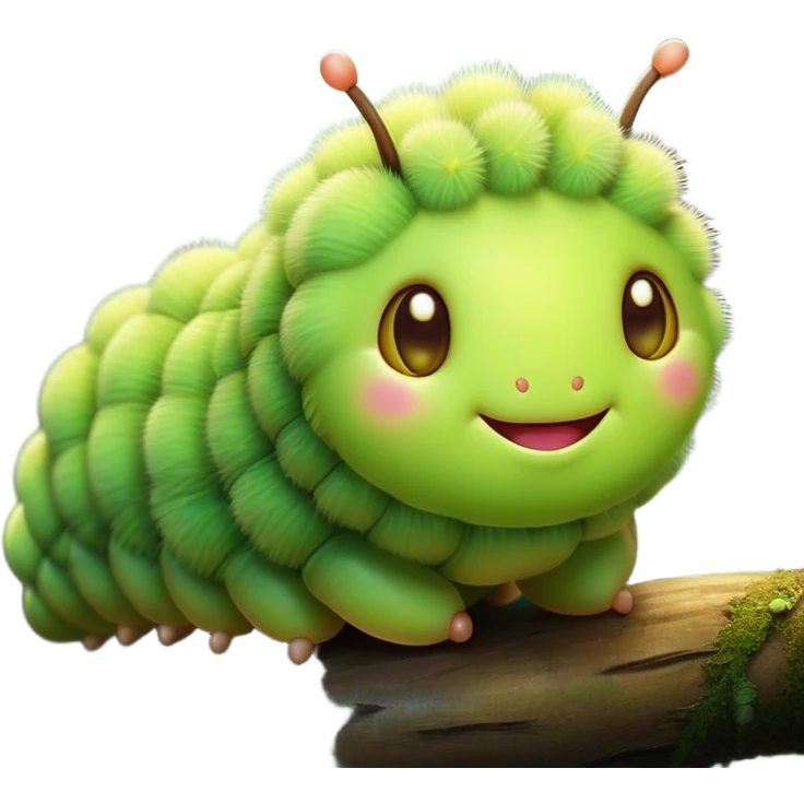 Cinematic Cute Caterpillar Portrait Emoji, Head tilted playfully and inquisitively, featuring a small, fuzzy body with rounded, plump segments, soft, endearing eyes and a charmingly wiggly movement, Simplified yet irresistibly adorable features, highly detailed, glowing with a warm, inviting green glow, high shine, affectionate and lively, stylized with a touch of whimsical woodland charm, soft glowing outline, capturing the essence of a mischievous caterpillar that seems as if it could crawl out of the screen into your arms! emoji