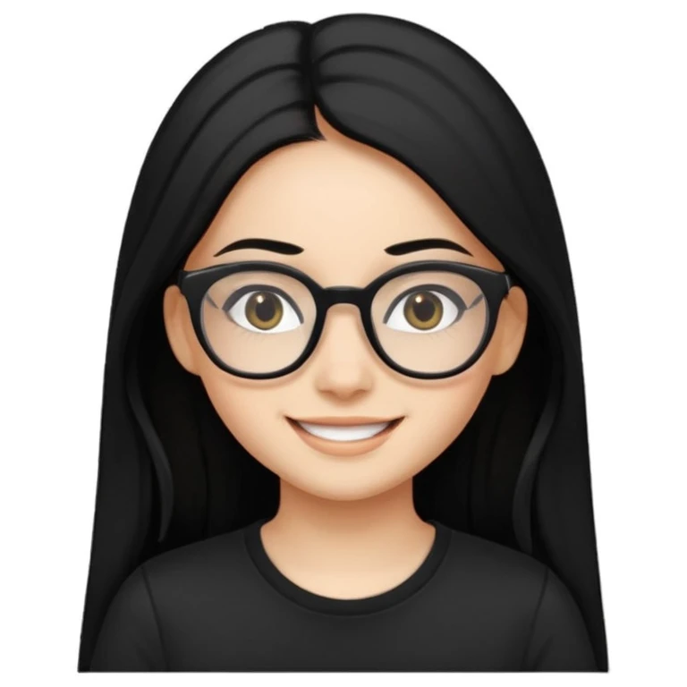 Uzun Siyah, uçları çok hafif sarı düz saçlı , gözlüklü, eyelinerli siyah tişörtlü gülümseyen bir kız emojisi yap emoji