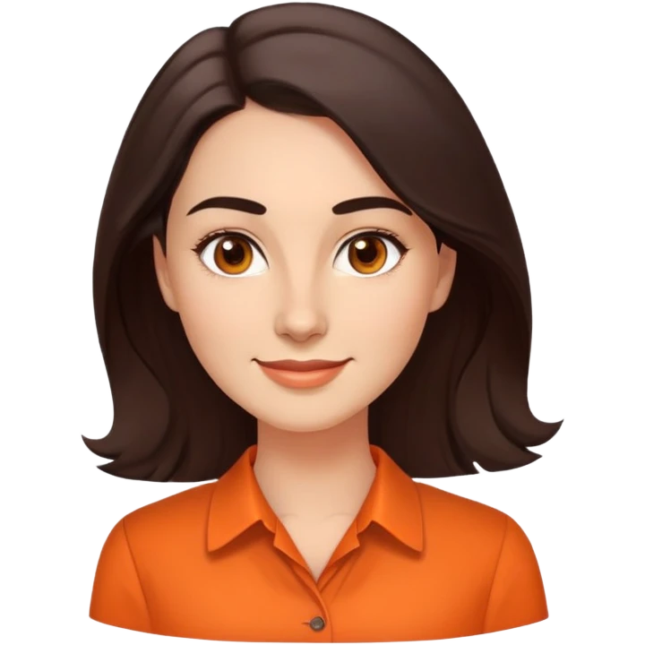 Professional woman in her 30s with light complexion, oval face, gentle features, large dark brown eyes, well-formed medium eyebrows, small nose, warm friendly smile, long slightly wavy dark brown hair, wearing a bright orange dress shirt emoji