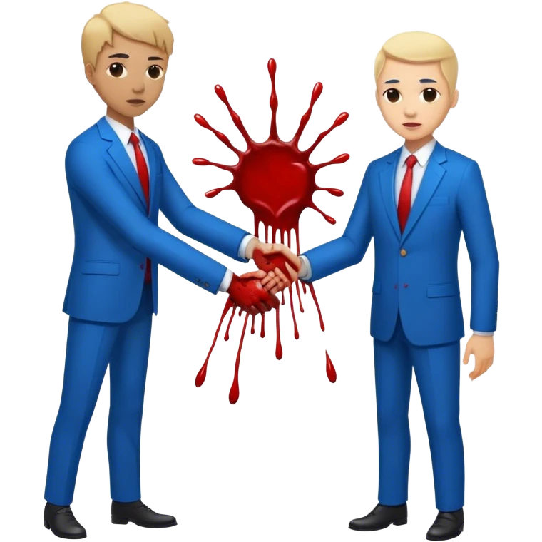 handshake, blood on one of the hands, in blue suits, blood splashes emoji