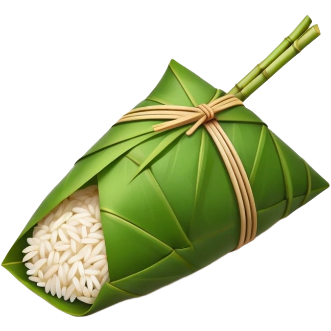 Rice dumpling Zongzi wrapped in bamboo leaves, simplified emoji style with bold outlines and bright colors, cartoon style sweet glutinous rice treat emoji