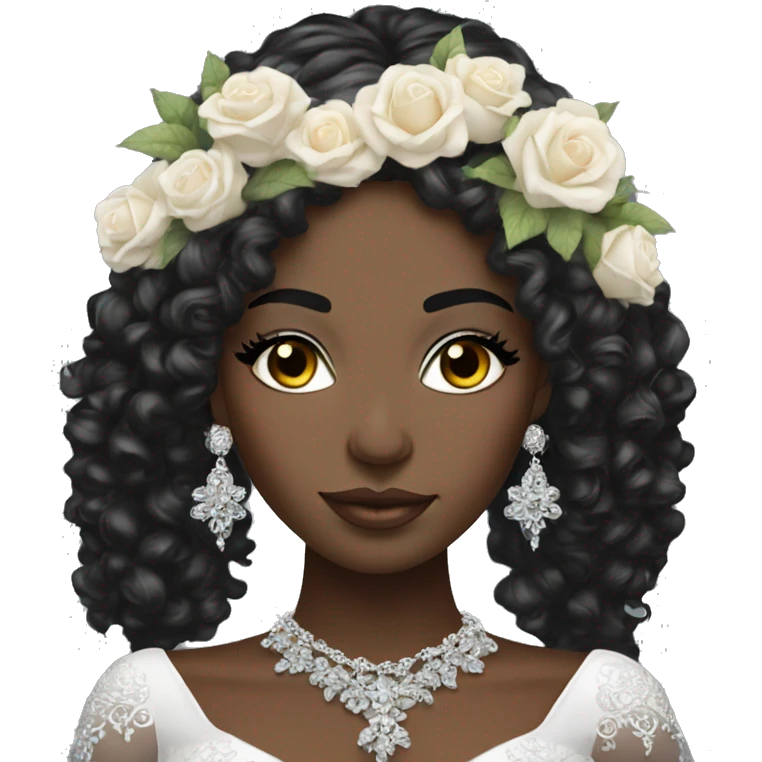 African bride. Glitter makeup. Long black curly hair. Silver jewelry. Holding flowers. Eyes closed. emoji