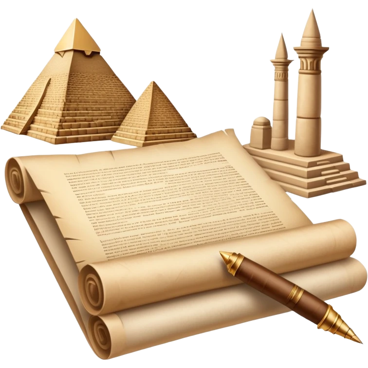 An icon showing a rolled parchment scroll, a quill pen, and ancient landmarks like pyramids and columns in the background. The design symbolizes the study of past civilizations, events, and heritage. Transparent background emphasizes the timeless exploration of human history. emoji