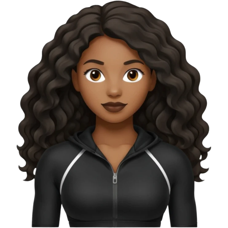Femme noire avec cheveux longs ondulés qui fait du sport en tenue noire emoji