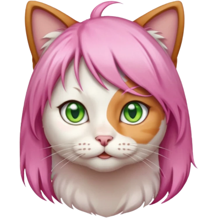calico cat wear pink hair wig, white T-shirt emoji
