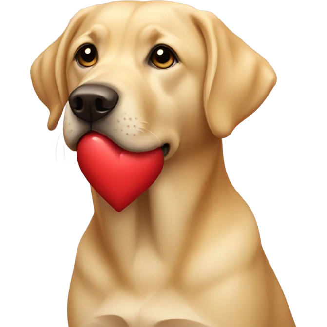 Golden lab holding a heart emoji