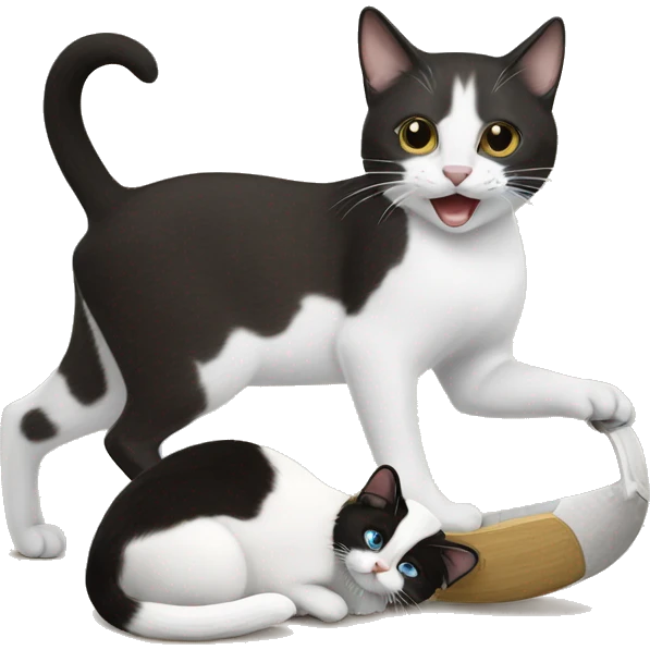 A snowshoe cat plays with a white and black rat emoji