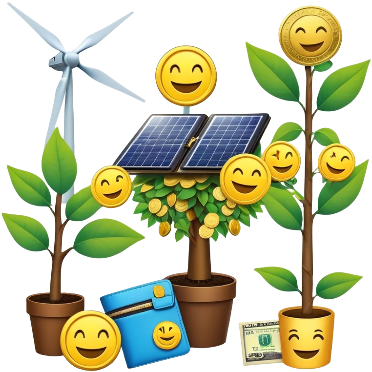 Create a set of unique, high-quality emoji-style stickers for a Telegram public group focused on green energy investments. Each sticker should be vibrant, friendly, and easily recognizable. The theme combines eco-conscious finance and renewable energy. Include elements like:

Solar panels with smiling faces

Wind turbines with coins spinning around

Happy earth holding a dollar sign

A plant growing out of a wallet

A money tree with solar panel leaves

A superhero saving the planet with a green energy logo

A rocket powered by clean energy labeled "ROI"

Happy investors with sun hats and windmills

Keep the style modern, fun, and clean — suitable for use in a friendly Telegram community. Backgrounds should be transparent. Use smooth outlines, minimal text (or none), and expressive faces or icons to communicate positivity and trust. emoji