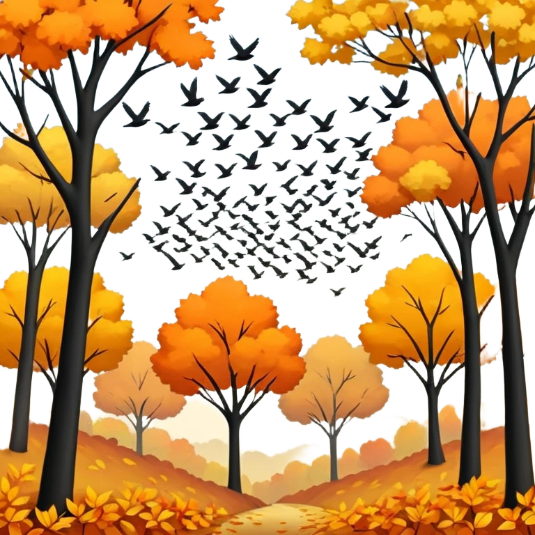 a flock of birds flying above trees with orange and yellow leaves, autumn scene emoji