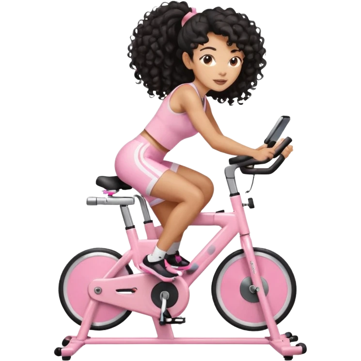 Mixed-race athletic woman with caramel skin, long black curly hair in a high ponytail, riding a pastel pink stationary bike emoji