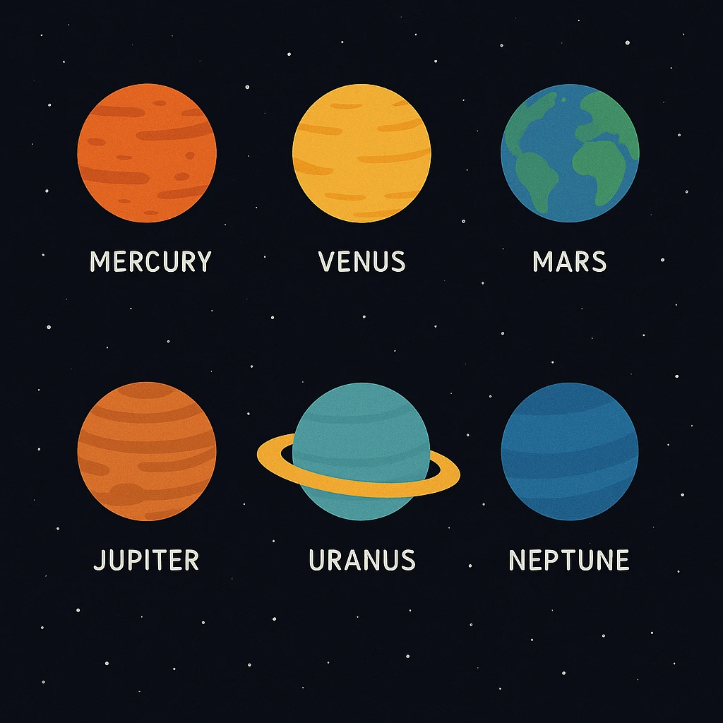 Show eight planets of the solar system simply and clearly, each planet a different color, with a darker space background. emoji